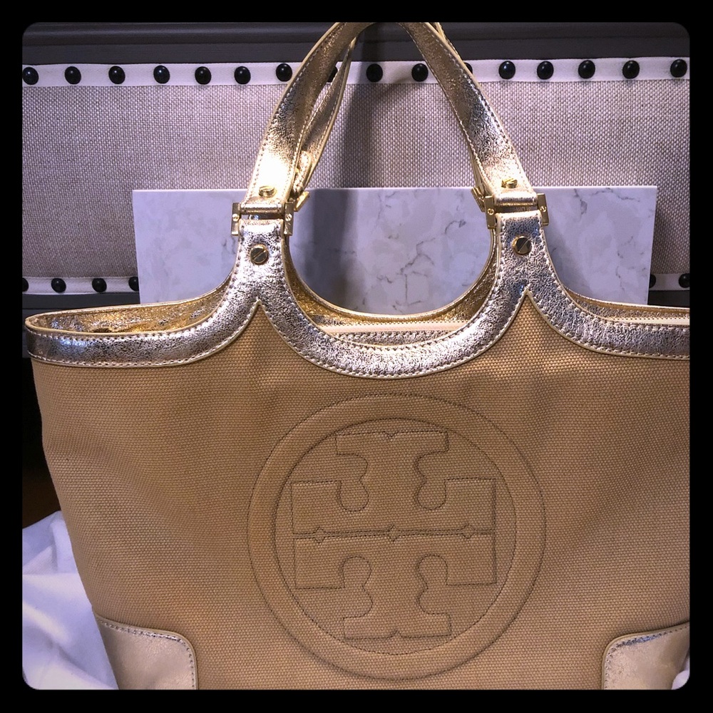 Tory Burch Large Canvas & Leather Shoulder Bag